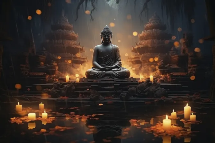 A serene statue of Lord Buddha meditating amidst warm glowing candles and reflective dark water. | PrintPosters.in